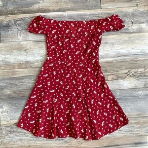 Reformation Red Floral Off the Shoulder Dress